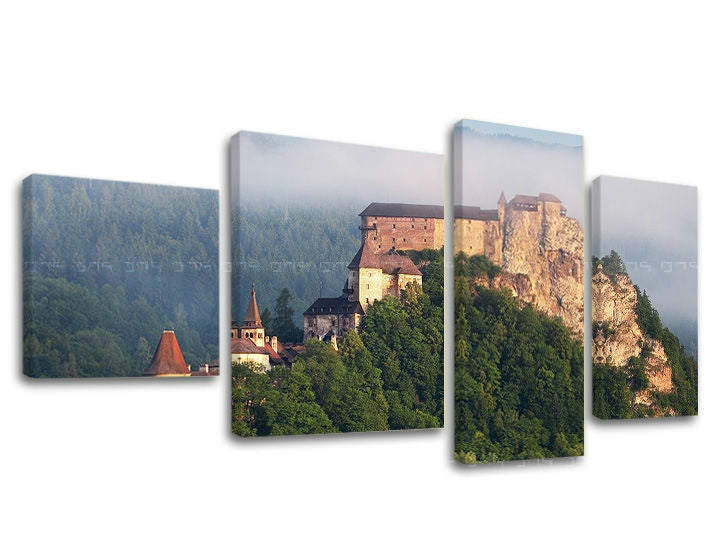 Класична слика на платно со мотив СЛОВАЧКА, замок, шума, црква, магла во бело-сино нијанси, мирна атмосфера, природа, повеќеделна изведба – главна