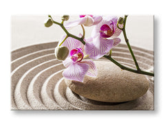 Класична слика на платно со мотив FENG SHUI, орхидеја, зен градина, цвеќиња, мапа во беж-розово нијанси, мирна атмосфера, погоден за дневна соба – главна