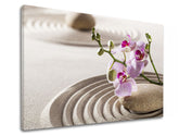 Класична слика на платно со мотив FENG SHUI, орхидеја, зен градина, архитектура, детски мотив во розово нијанси, мирна атмосфера, погоден за дневна соба – производ