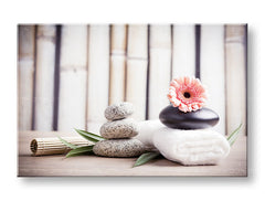 Класична слика на платно со мотив FENG SHUI, бамбус, цвеќиња, природа во беж-розово нијанси, мирна атмосфера, природа, погоден за дневна соба – главна