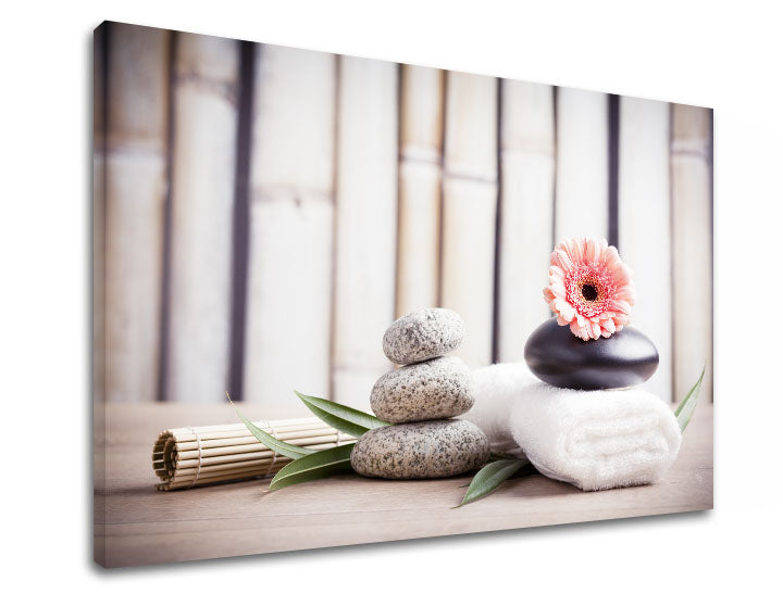 Класична слика на платно со мотив FENG SHUI, бамбус, цвеќиња, природа во беж-розово нијанси, мирна атмосфера, природа, погоден за дневна соба – производ