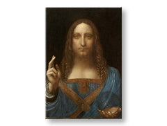 Винтиџ слика на платно со мотив Leonardo da Vinci - Salvator Mundi, мапа, природа во сино-златно нијанси, свечена атмосфера, погоден за дневна соба – производ