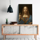 Винтиџ слика на платно со мотив Leonardo da Vinci - Salvator Mundi, мапа, природа во сино-златно нијанси, свечена атмосфера, погоден за дневна соба – производ, поглед 2