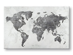 Индустриска слика на платно со мотив MAPA SVETA, мапа, природа во бело-сиво нијанси, софистицирана атмосфера, погоден за канцеларија | Слика на платно MAPA SVETA – главна