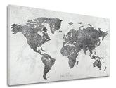 Индустриска слика на платно со мотив MAPA SVETA, мапа, природа во бело-сиво нијанси, софистицирана атмосфера, погоден за канцеларија | Слика на платно MAPA SVETA – производ