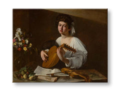 Во бохо стил слика на платно со мотив Michelangelo Caravaggio - Lutnista, цвеќиња, виолина, музички мотив, природа во бело-златно нијанси, погоден за кујна – производ, поглед 2