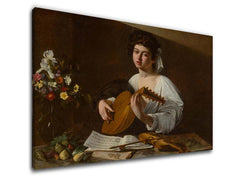 Во бохо стил слика на платно со мотив Michelangelo Caravaggio - Lutnista, цвеќиња, виолина, музички мотив, природа во бело-златно нијанси, погоден за кујна – производ
