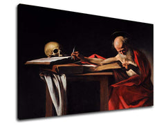 Винтиџ слика на платно со мотив Michelangelo Caravaggio - Свет Jeroným, череп, мапа во кафеаво-црвено нијанси, свечена атмосфера, погоден за работна соба – производ
