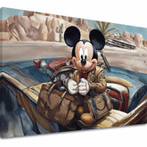 Поп арт слика на платно со мотив Štýlový Mickey Mouse, автомобил, патнички мотив во сино-црвено нијанси, авантура и носталгија – главна