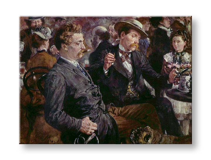 Модерна слика на платно со мотив Adolf Menzel - Na pivnej záhrade, куче во кафеаво-бело нијанси, градски живот | Слика на платно Adolf Menzel - Na pivnej záhrade – производ