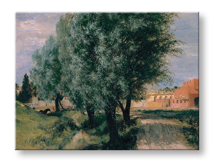 Модерна слика на платно со мотив Adolph Menzel - Stavenisko s vrbami, дрвја, патека, небо во зелено-кафеаво нијанси, мирна атмосфера – производ