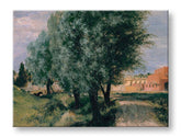 Модерна слика на платно со мотив Adolph Menzel - Stavenisko s vrbami, дрвја, патека, небо во зелено-кафеаво нијанси, мирна атмосфера – производ
