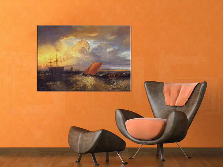 Винтиџ слика на платно со мотив SHEERNESS VISTA DAL NORE – William Turner, океан, залез на сонце, бранови, детски мотив закачена во ентериер на зона за релаксација – ентериер
