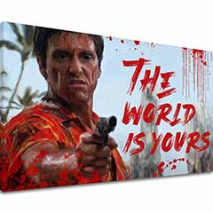 Поп арт слика на платно со мотив Krvavý Tony Montana so zbraňou v ruke, пејзаж во бело-црвено нијанси, сила и моќ | Scarface слика на платно Krvavý Tony Montana so zbraňou v ruke – главна