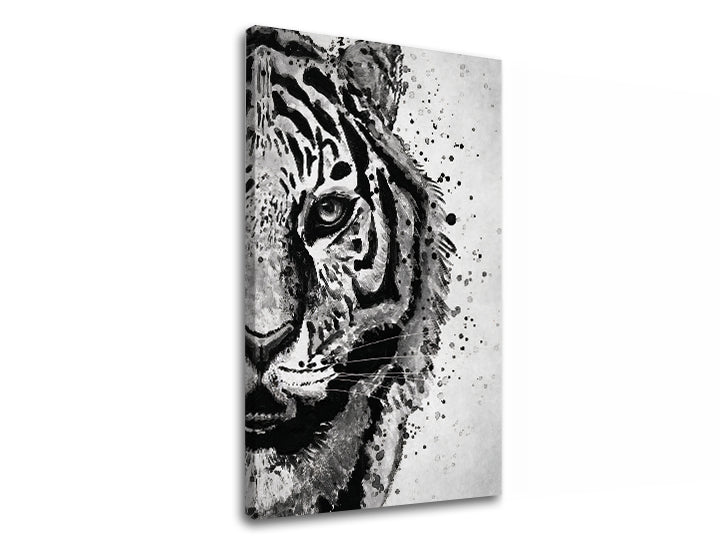 Модерна слика на платно со мотив TIGER 001, тигар, пејзаж во бело-сиво нијанси, интензивна атмосфера, природа и сила, погоден за работна соба – производ