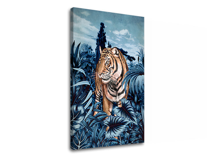 Поп арт слика на платно со мотив TIGER V PRÍRODE 001, тигар, дрвја, небо, облаци во бело-сино нијанси, мирна атмосфера, погоден за дневна соба – производ