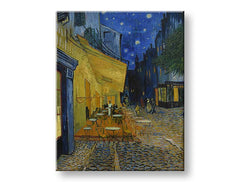 Винтиџ слика на платно со мотив Vincent van Gogh - Café Terrace at Night во сино-црно нијанси, мирна атмосфера, градски живот и самотија – производ, поглед 2
