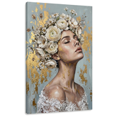 Слика на жена со цветна круна на платно — 3D приказ на canvas со видлива дрвена рамка, уметнички стил од Papilora.