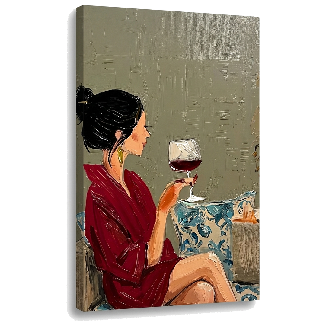 Слика на жена со чаша вино на платно — 3D приказ на canvas со видлива дрвена рамка, Papilora Premium Art.