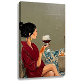 Слика на жена со чаша вино на платно — 3D приказ на canvas со видлива дрвена рамка, Papilora Premium Art.