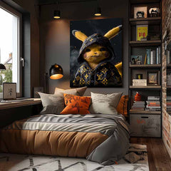 Модерна слика на платно со мотив Pikachu: Streetwear крал во црно-златно нијанси, поп култура | Слика Pikachu: Streetwear крал – производ