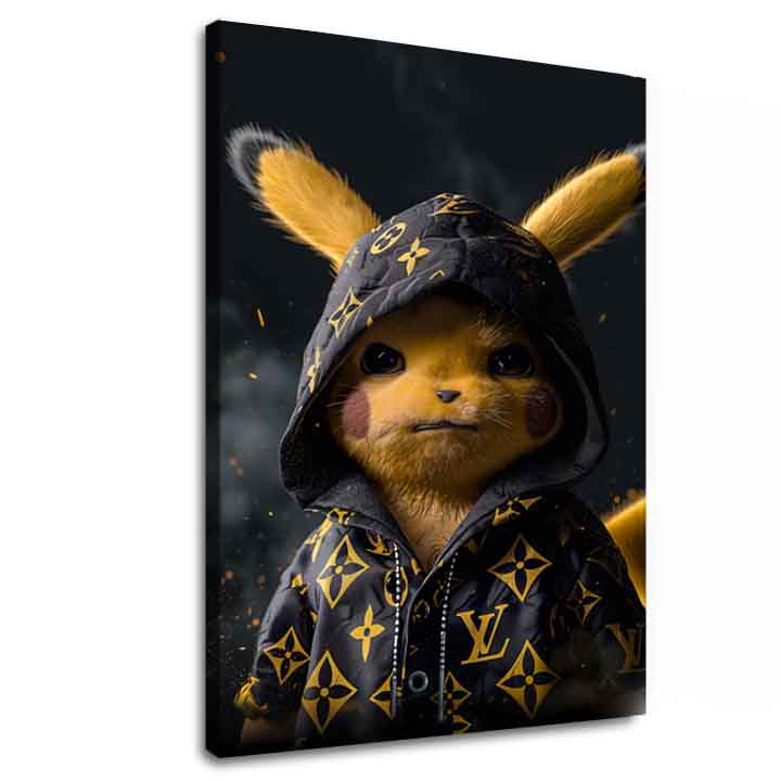 Модерна слика на платно со мотив Pikachu: Streetwear крал во црно-златно нијанси, поп култура | Слика Pikachu: Streetwear крал – главна