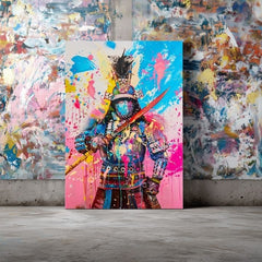 Рачно насликана слика на платно со мотив Samurai Spirit na платно во жолто-бело нијанси, енергична атмосфера, сила | Слика Samurai Spirit na платно – производ