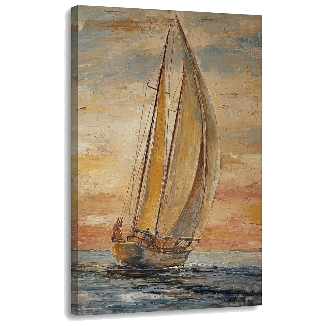 Слика со едрилица на море при зајдисонце на платно — 3D визуелизација на canvas со видлива дрвена рамка, Papilora Premium Art.