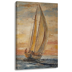 Слика со едрилица на море при зајдисонце на платно — 3D визуелизација на canvas со видлива дрвена рамка, Papilora Premium Art.