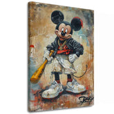 Рачно насликана слика на платно со мотив Street Mickey na платно во беж-црно нијанси, урбана атмосфера, поп култура и носталгија | Слика Street Mickey na платно – главна
