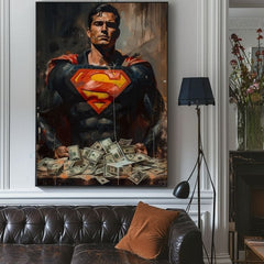 Рачно насликана слика на платно со мотив Superman: Muž peňazí во црвено-жолто нијанси, сила и моќ | Слика Superman: Muž peňazí – производ