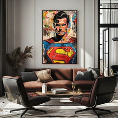 Рачно насликана слика на платно со мотив Superman: Pop ikona во сино-жолто нијанси, поп култура и градски живот | Слика Superman: Pop ikona – производ, поглед 2
