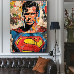 Рачно насликана слика на платно со мотив Superman: Pop ikona во сино-жолто нијанси, поп култура и градски живот | Слика Superman: Pop ikona – производ, поглед 3