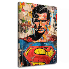 Рачно насликана слика на платно со мотив Superman: Pop ikona во сино-жолто нијанси, поп култура и градски живот | Слика Superman: Pop ikona – главна