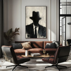 Рачно насликана слика на платно со мотив The Faceless Mobster во црно-бело нијанси, мистериозна атмосфера, тајна и градски живот | Слика The Faceless Mobster – производ, поглед 2