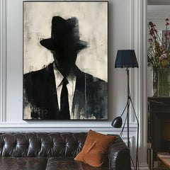 Рачно насликана слика на платно со мотив The Faceless Mobster во црно-бело нијанси, мистериозна атмосфера, тајна и градски живот | Слика The Faceless Mobster – производ