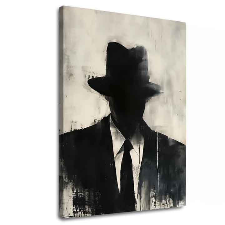 Рачно насликана слика на платно со мотив The Faceless Mobster во црно-бело нијанси, мистериозна атмосфера, тајна и градски живот | Слика The Faceless Mobster – главна