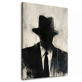 Рачно насликана слика на платно со мотив The Faceless Mobster во црно-бело нијанси, мистериозна атмосфера, тајна и градски живот | Слика The Faceless Mobster – главна