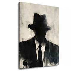 Рачно насликана слика на платно со мотив The Faceless Mobster во црно-бело нијанси, мистериозна атмосфера, тајна и градски живот | Слика The Faceless Mobster – главна