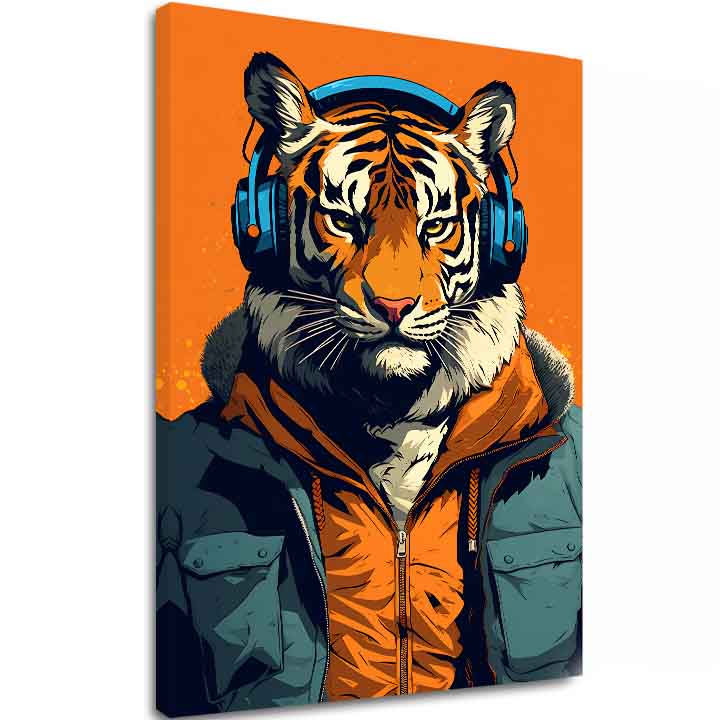Модерна слика на платно со мотив Tiger Vibes, тигар, слушалки, сако во портокалово-сино нијанси, природа | Слика Tiger Vibes – главна