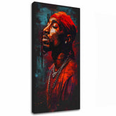 Рачно насликана слика на платно со мотив Tupac Shakur - Ikona za mikrofónom во црвено-црно нијанси, интензивна атмосфера | Слика Tupac Shakur - Ikona za mikrofónom – главна