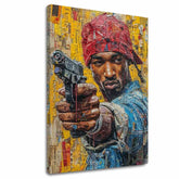 Рачно насликана слика на платно со мотив Tupac Shakur - Rapová gangster во жолто-црвено нијанси, градски живот | Слика Tupac Shakur - Rapová gangster – главна
