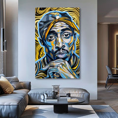 Рачно насликана слика на платно со мотив Tupac Shakur - Zlaté tóny rapu во златно-црно нијанси, интензивна атмосфера, слава | Слика Tupac Shakur - Zlaté tóny rapu – производ