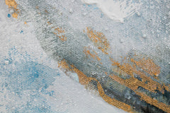 Рачно насликана слика на платно со мотив цвет, цвеќиња, природа во бело-сино нијанси, мирна атмосфера, природа и раст и развој, погоден за кујна – производ
