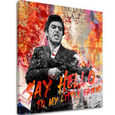 Поп арт слика на платно со мотив Say hello to my little friend, пејзаж во портокалово-црвено нијанси, филмски свет | Scarface слика на платно Say hello to my little friend – главна