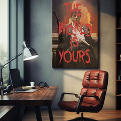 Поп арт слика на платно со мотив The world is yours во бело-портокалово нијанси, интензивна атмосфера, сила и моќ | Scarface слика на платно The world is yours – производ, поглед 2