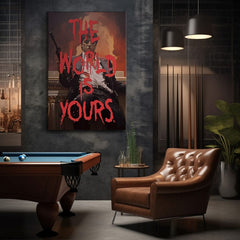 Поп арт слика на платно со мотив The world is yours во бело-портокалово нијанси, интензивна атмосфера, сила и моќ | Scarface слика на платно The world is yours – производ