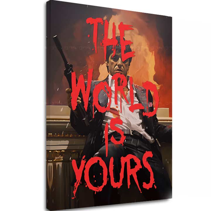 Поп арт слика на платно со мотив The world is yours во бело-портокалово нијанси, интензивна атмосфера, сила и моќ | Scarface слика на платно The world is yours – главна