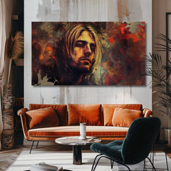 Модерна слика на платно со мотив Kurt Cobain - V srdci grunge во кафеаво-златно нијанси, меланхолична атмосфера, рок и рол | Слика Kurt Cobain - V srdci grunge – производ