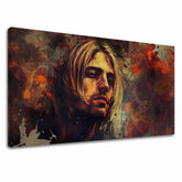 Модерна слика на платно со мотив Kurt Cobain - V srdci grunge во кафеаво-златно нијанси, меланхолична атмосфера, рок и рол | Слика Kurt Cobain - V srdci grunge – главна